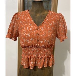 NWT Paper Crane Rust Orange Floral Smocked Crop Top